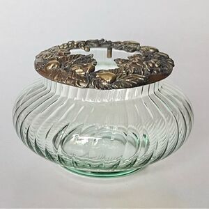 Vintage Rawcliff Pewter Ribbed Glass Fruit Motif Open Lid Potpourri Jewelry Jar